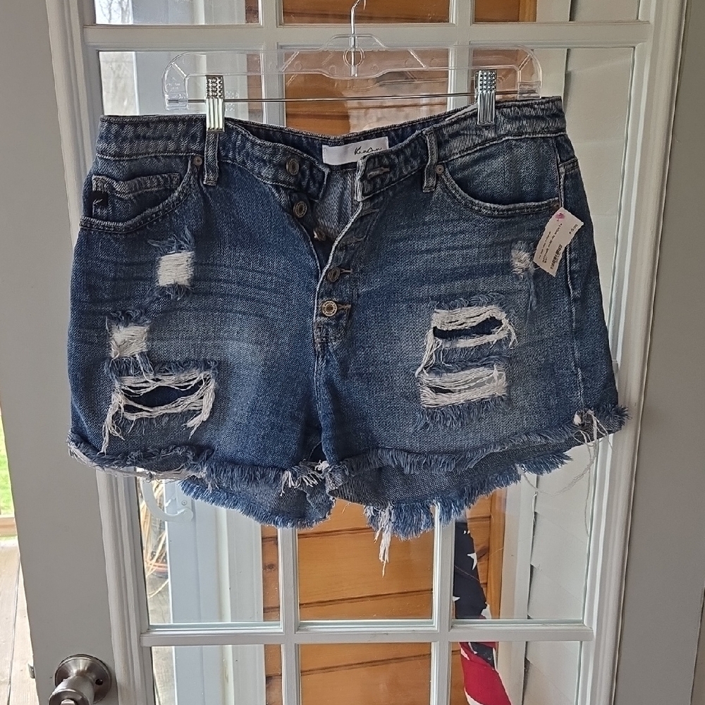 KanCan Dark Blue Distressed Button-Fly Denim Shorts